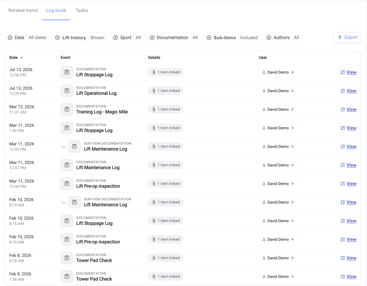 An asset logbook in Ullr listing every documentation entry by date, type, linked item, and the user who logged it, with filters and an export button