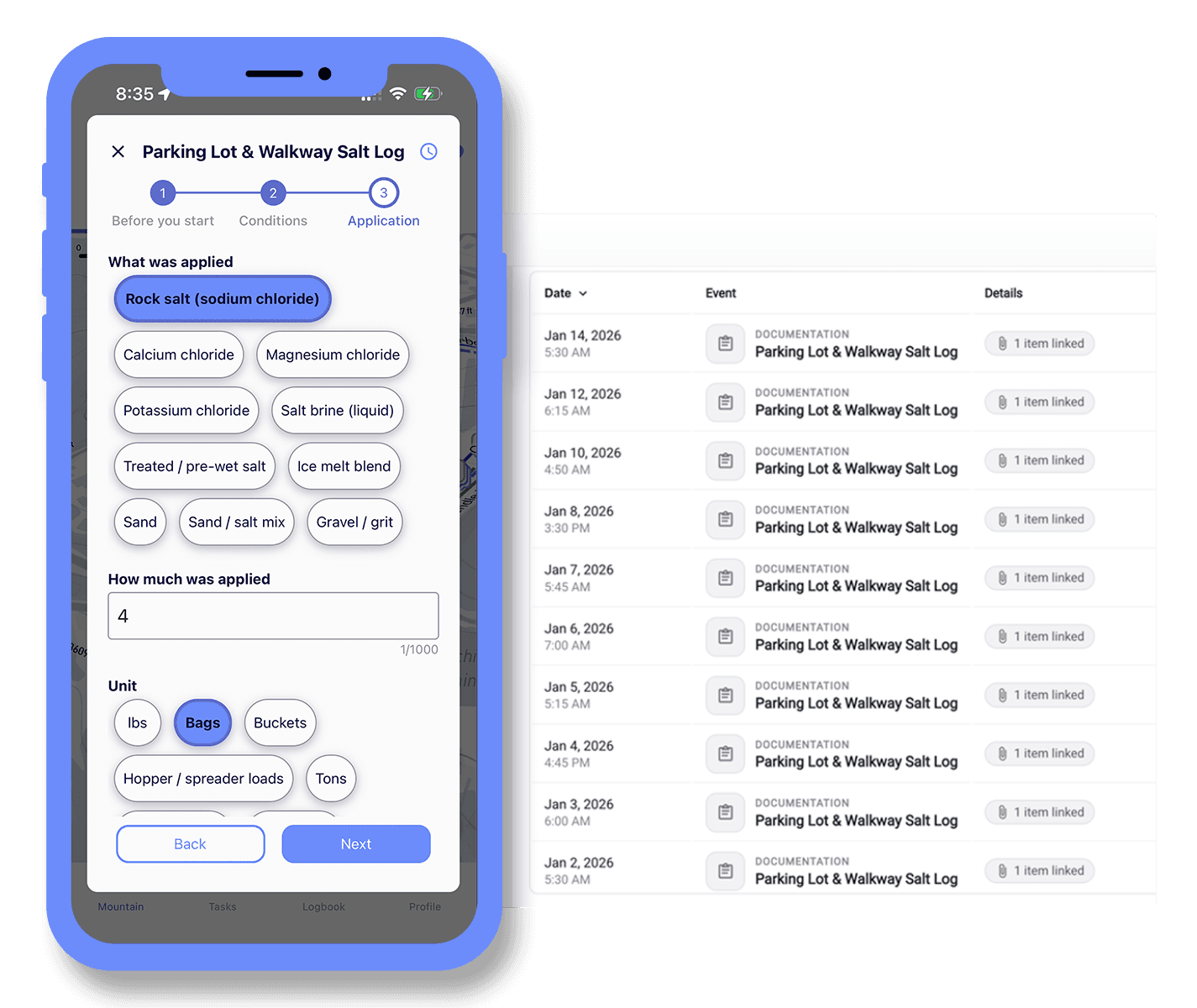 A parking lot and walkway salt log being filled out in the Ullr mobile app, showing the material applied and the amount, next to a web logbook listing each salt log entry by date with its linked lot