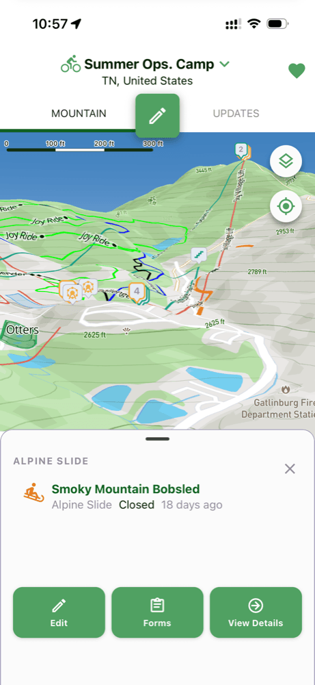 The Ullr map of Ober Gatlinburg with the Smoky Mountain Bobsled alpine slide selected, showing its status and Edit, Forms, and View Details buttons