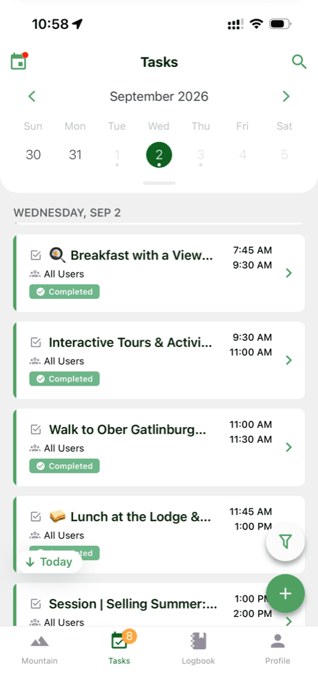 The Ullr Tasks screen showing the September 2 camp schedule: breakfast, interactive tours, the walk to Ober Gatlinburg, and lunch, each marked completed