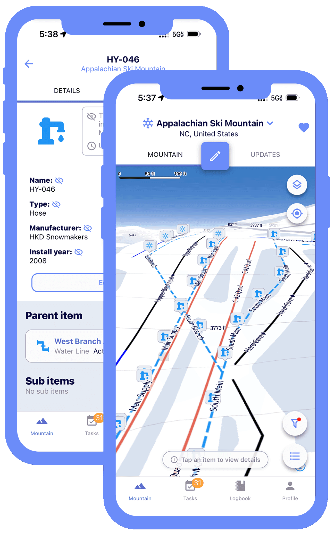 A snowmaking hydrant record in the Ullr app showing its type, manufacturer, and install year alongside its parent water line, next to a map of hydrants and water lines across the mountain