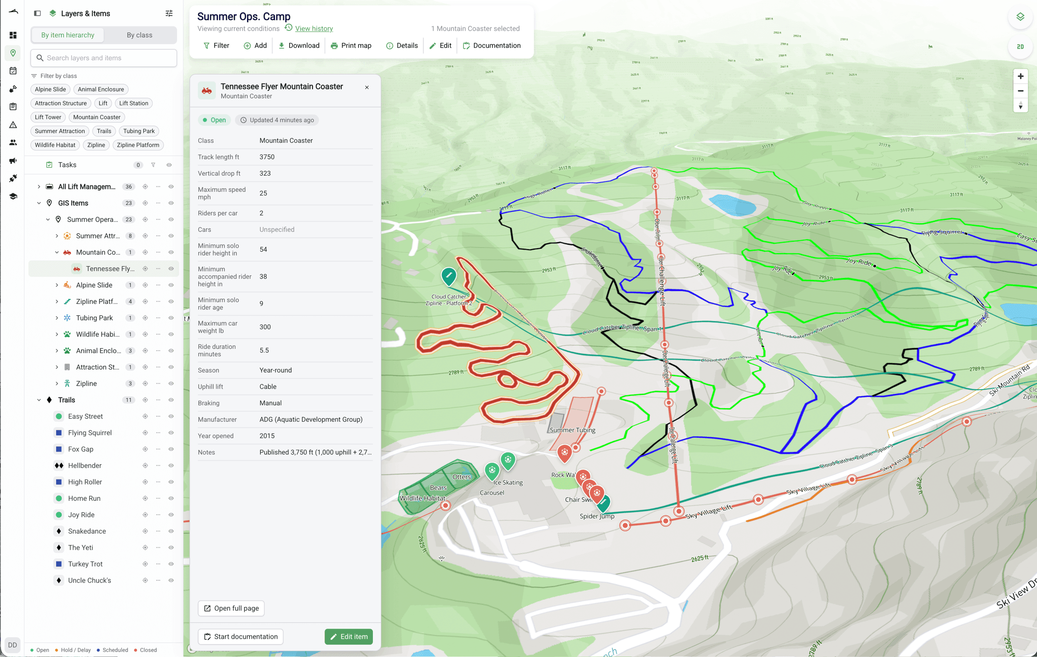 A summer operations map in Ullr with a mountain coaster selected, showing its class, track length, speed, and rider requirements