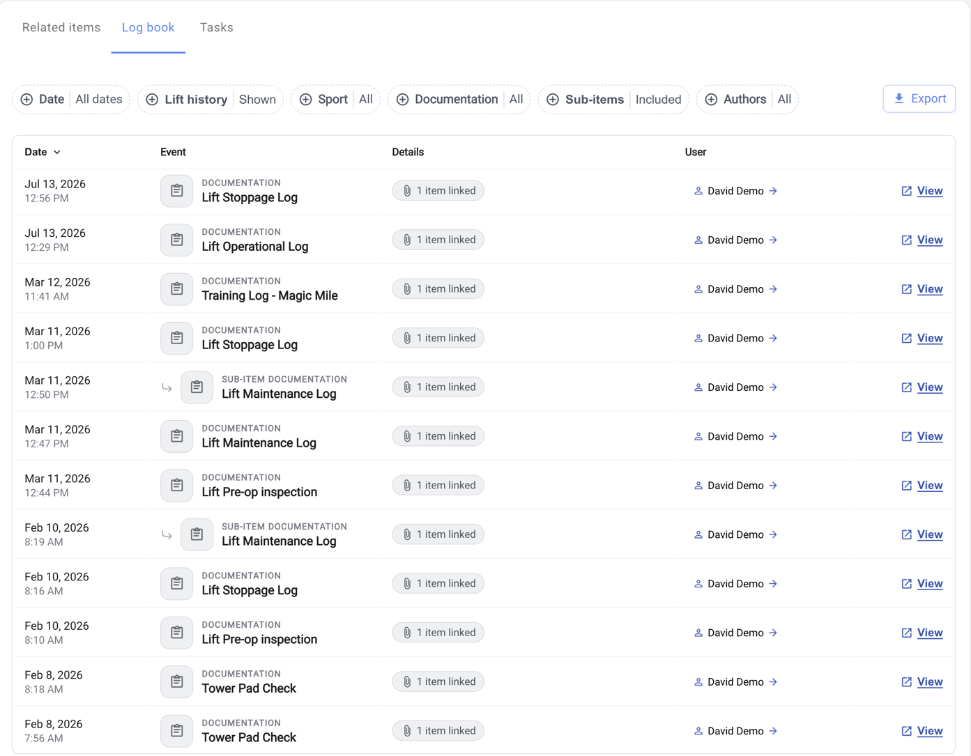 An asset logbook in Ullr listing every documentation entry by date, type, linked item, and the user who logged it, with filters and an export button