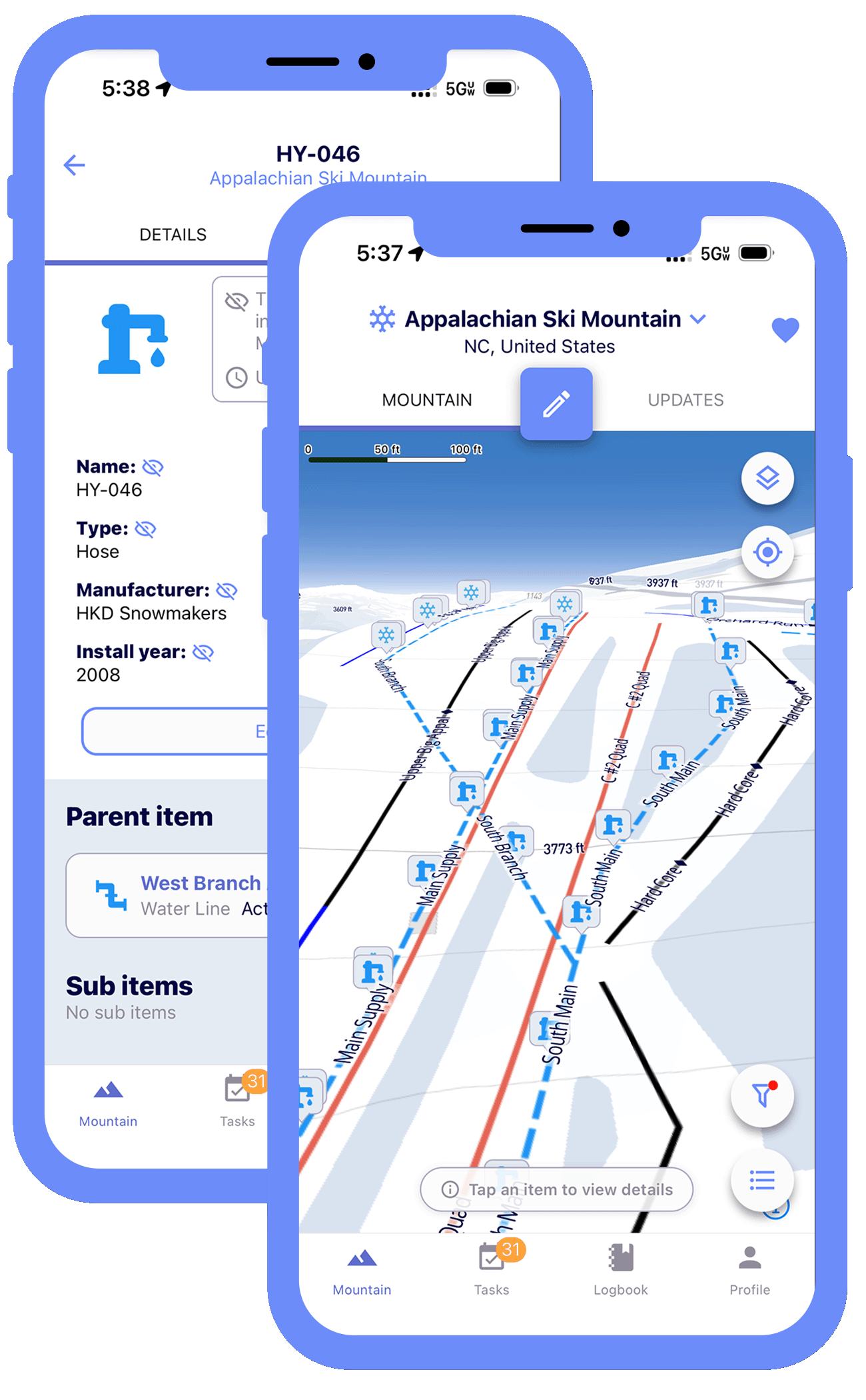 A snowmaking hydrant record in the Ullr app showing its type, manufacturer, and install year alongside its parent water line, next to a map of hydrants and water lines across the mountain