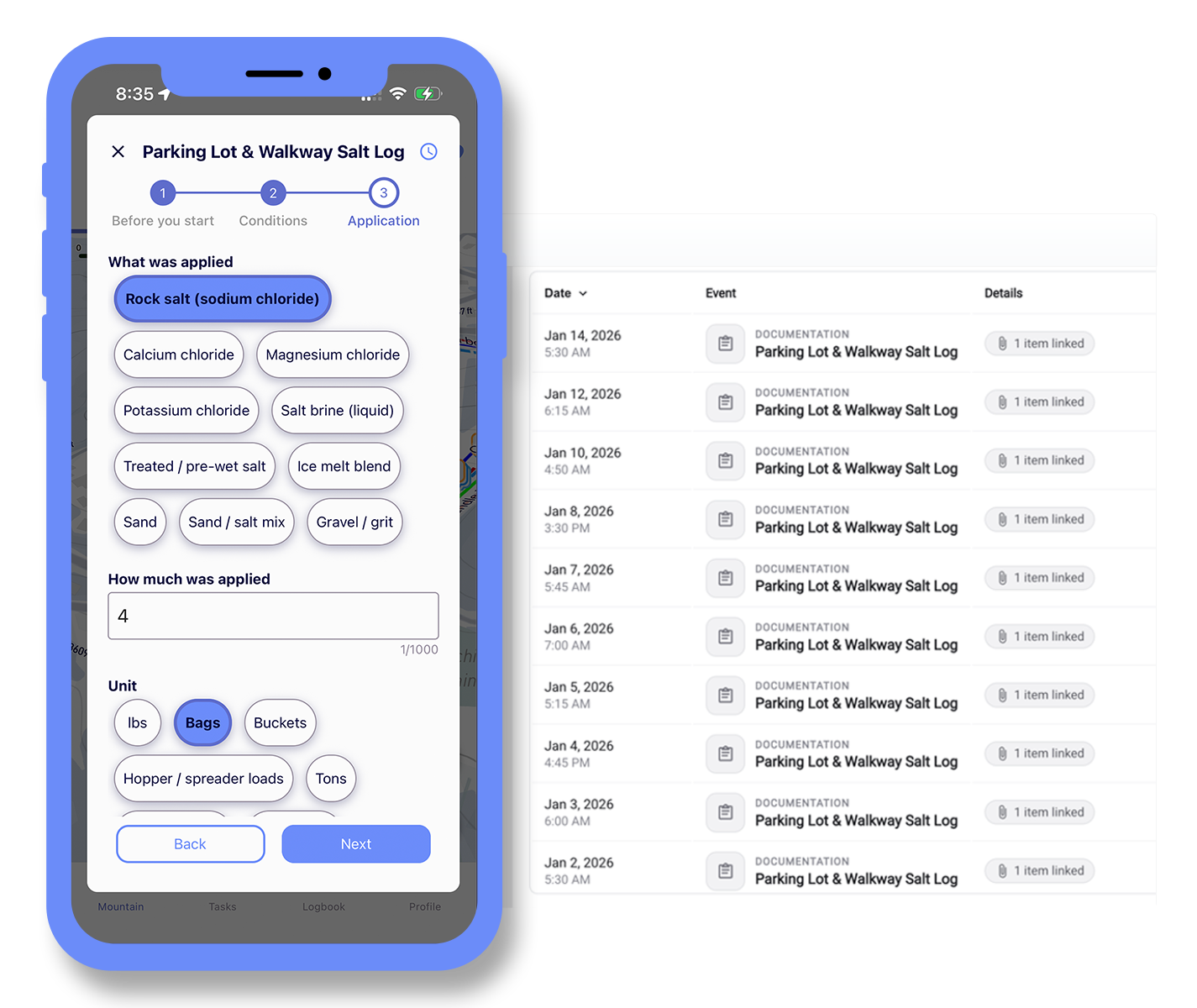 A parking lot and walkway salt log being filled out in the Ullr mobile app, showing the material applied and the amount, next to a web logbook listing each salt log entry by date with its linked lot