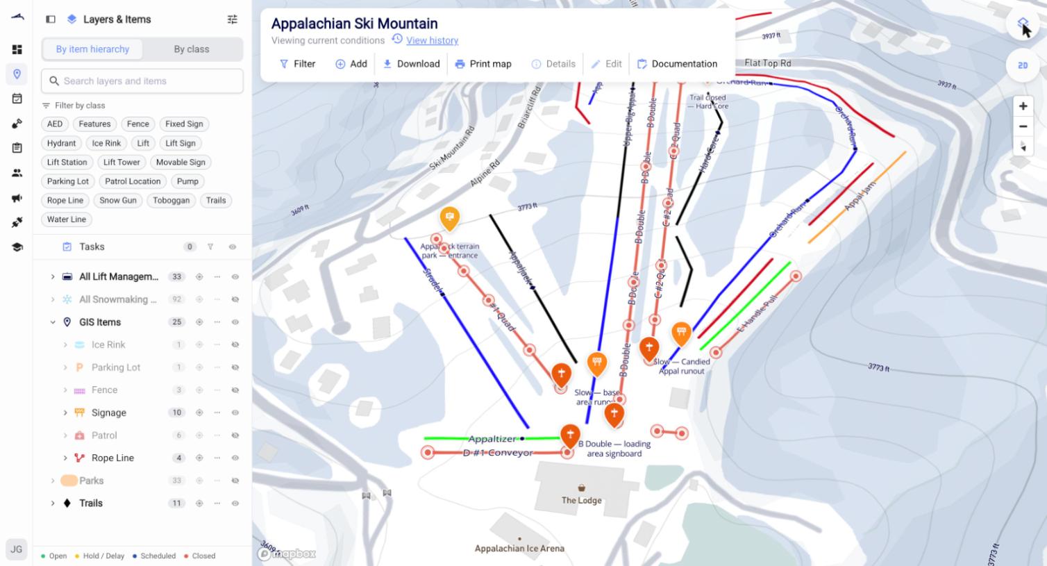 The Ullr map showing signage, rope line, and fence layers across the base area, with each sign pinned and labelled