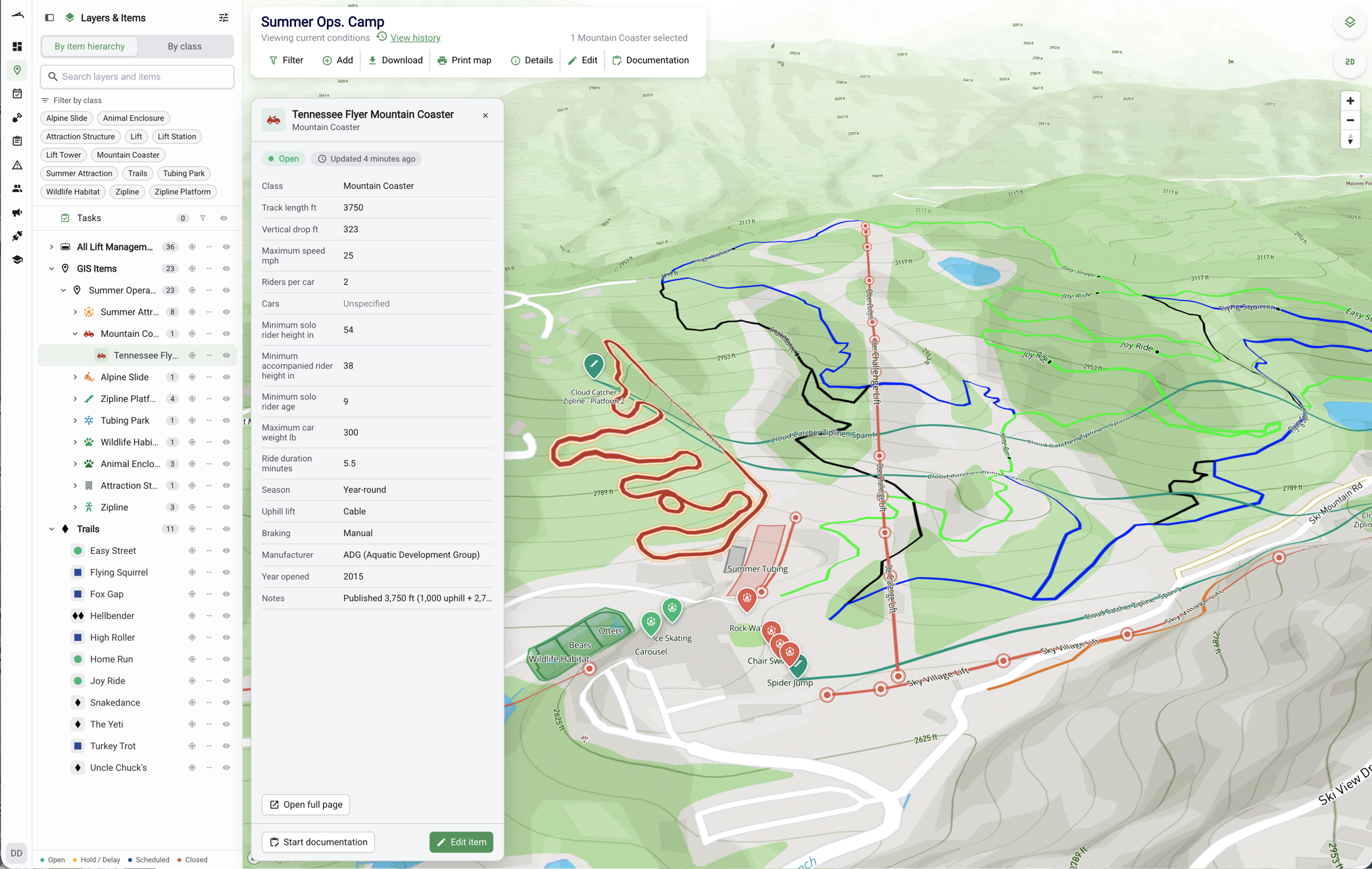A summer operations map in Ullr with a mountain coaster selected, showing its class, track length, speed, and rider requirements