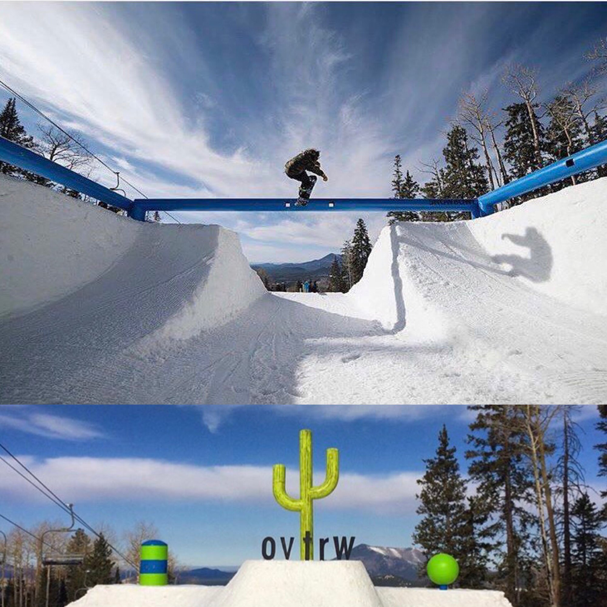 Two stacked shots: a snowboarder sliding a blue rail spanning the walls of a mini halfpipe, and a green cactus-shaped feature on a snow box